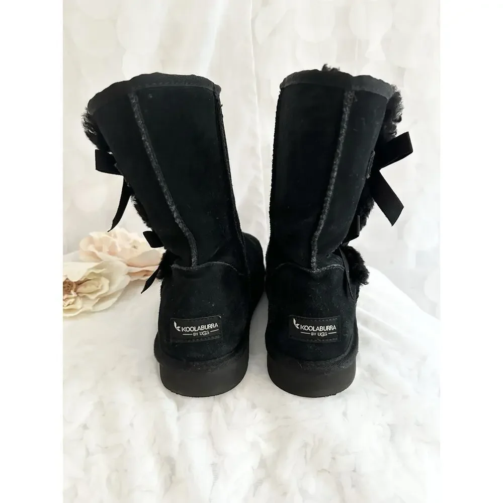 Kolaburra by UGG Victoria Black Suede Mid Calf Boots Women’s Size 11 Bows CLEAN